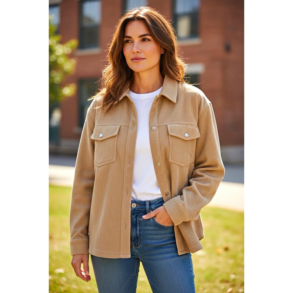 Thread & Supply Beige Shirt Jacket Shacket Sz M Button Front Pockets Ribbed